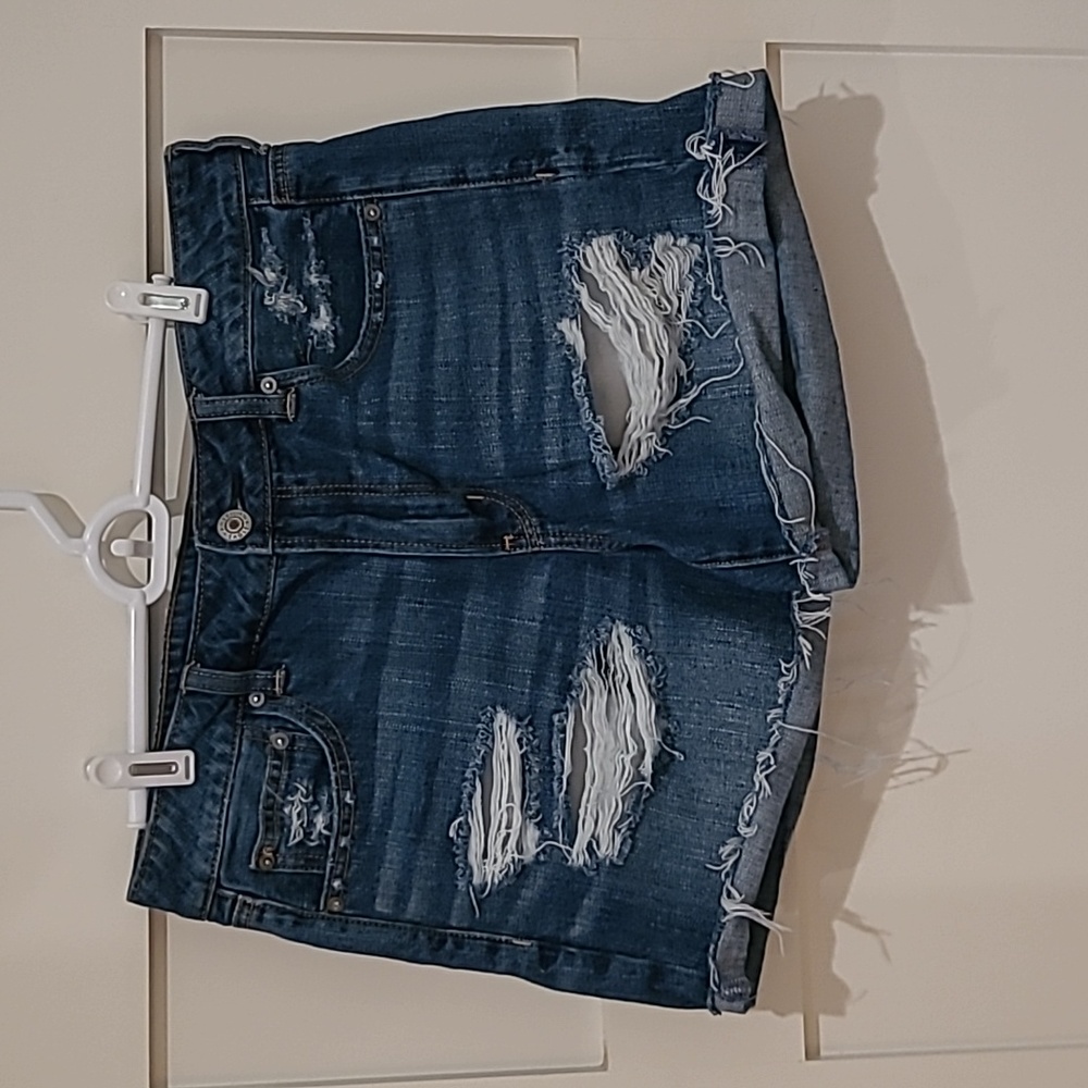 American Eagle Tomgirl Midi Dark Wash Distressed Jean Shorts Size 10